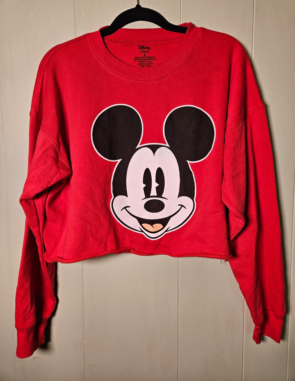 Disney Mickey Mouse Women's Size L Red Cropped Crewneck Graphic Fleece Pullover